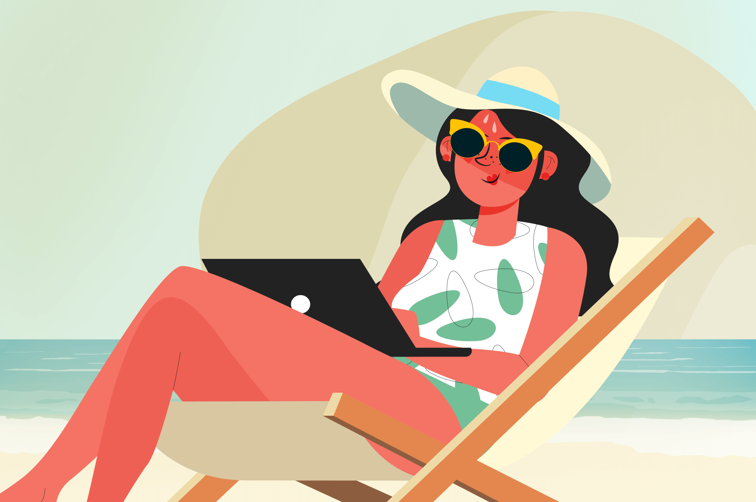 an illustration of a woman sitting on a beach chair on the beach, she is working on her laptop, and is wearing a large sun hat and sunglasses, there is some sweat on her forehead